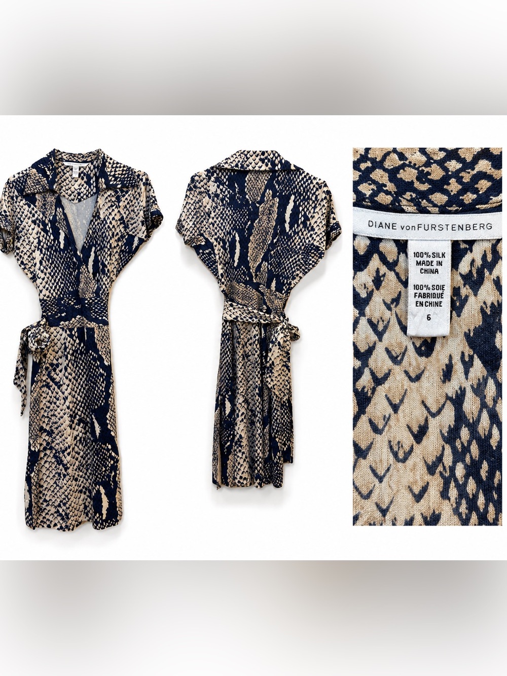 Diane von Furstenberg 100% Silk Snake Print Wrap Dress Size 6 Navy & Ivory